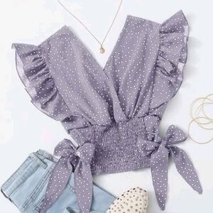 Shein Polka Dot Ruffle Tie-Waist Crop Top - Lavender, Size M